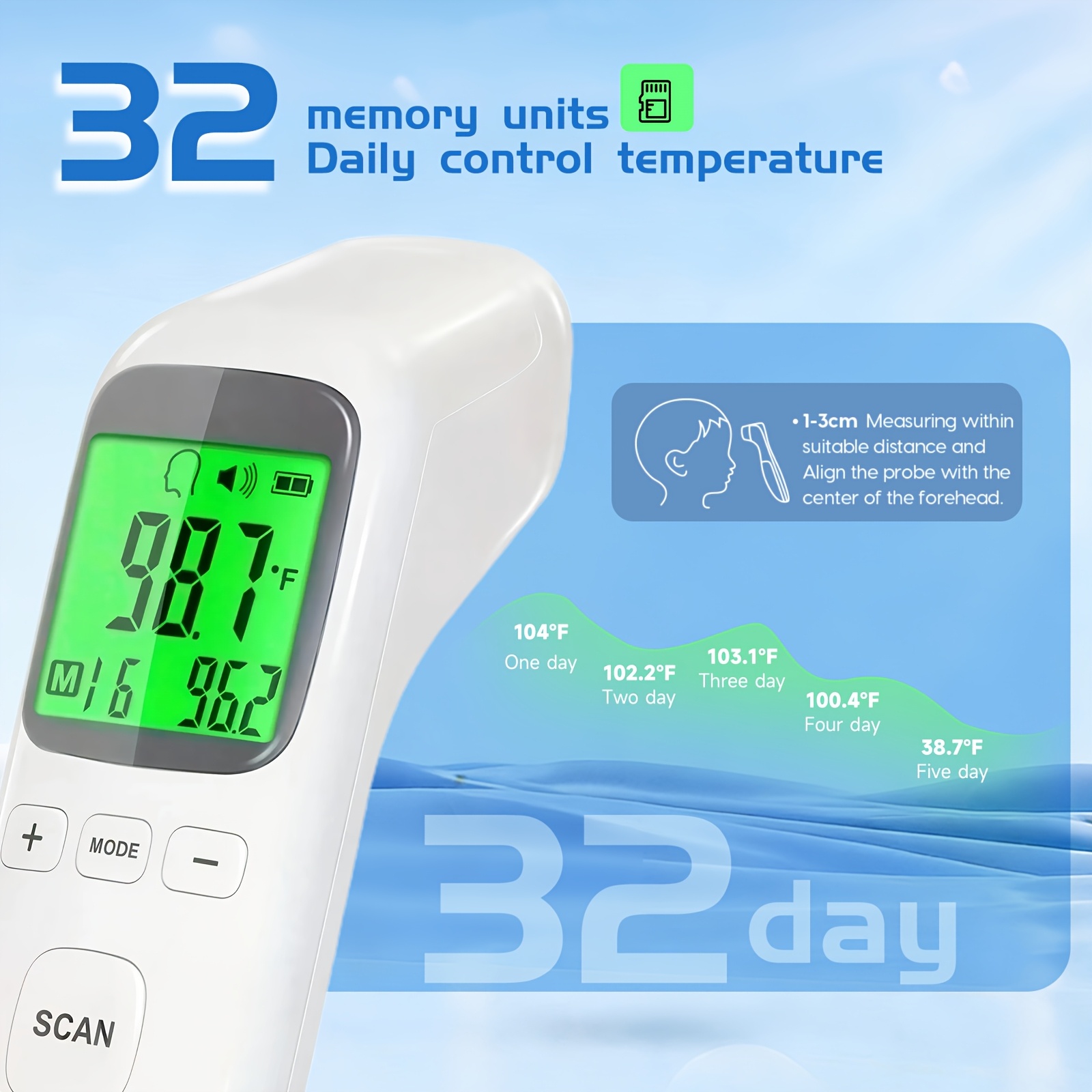Puzxo Non-contact Thermometer, Suitable for Forehead And Object Surface, Accurate Reading In 1 Second, Equipped with LCD Display, 32 Sets Of Memory, Both Home And Clinical Use