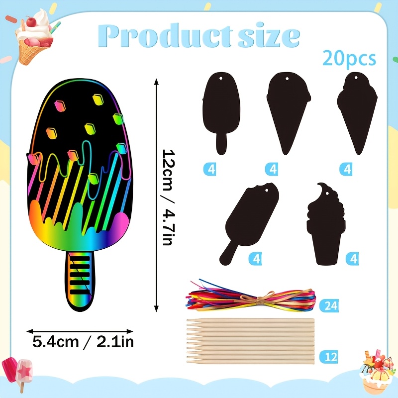 Image of 40/20pcs Ice Cream Scratch Art, Magic Art Craft Scratch Paper Kit, Summer Scratch Crafts Card, Birthday Party Decors School Activity Craft Supplies