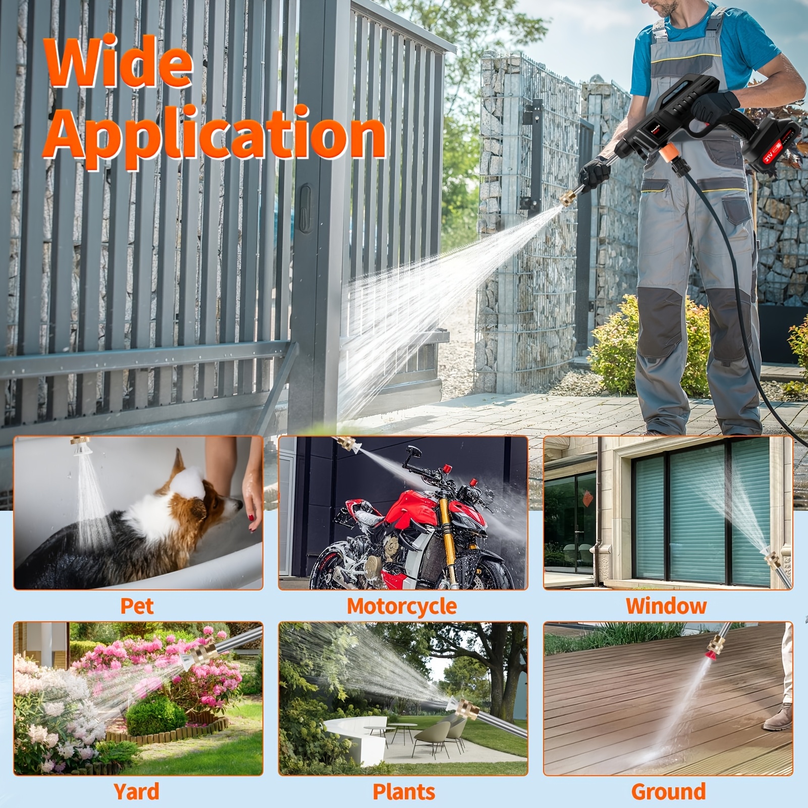 60 Bar/870 Psi Cordless Pressure Washer, Electric Pressure Washer, , With 3 Nozzles And 2 X 2000mah Batteries, Suitable For Cleaning Gardens, , Bicycles And Roofs, As Well As Watering Plants