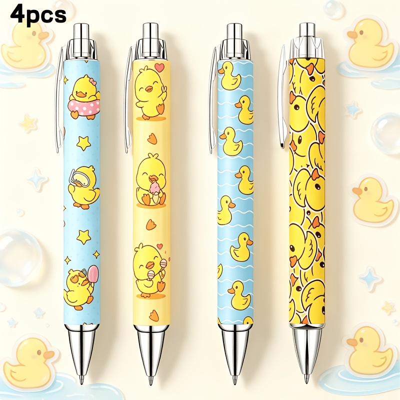 TEMU 4pcs Cute Little Yellow Duck Cartoon Push-button Ballpoint Pen, High-value Printed Gel Pen, Student Writing Stationery, Creative Holiday Gift