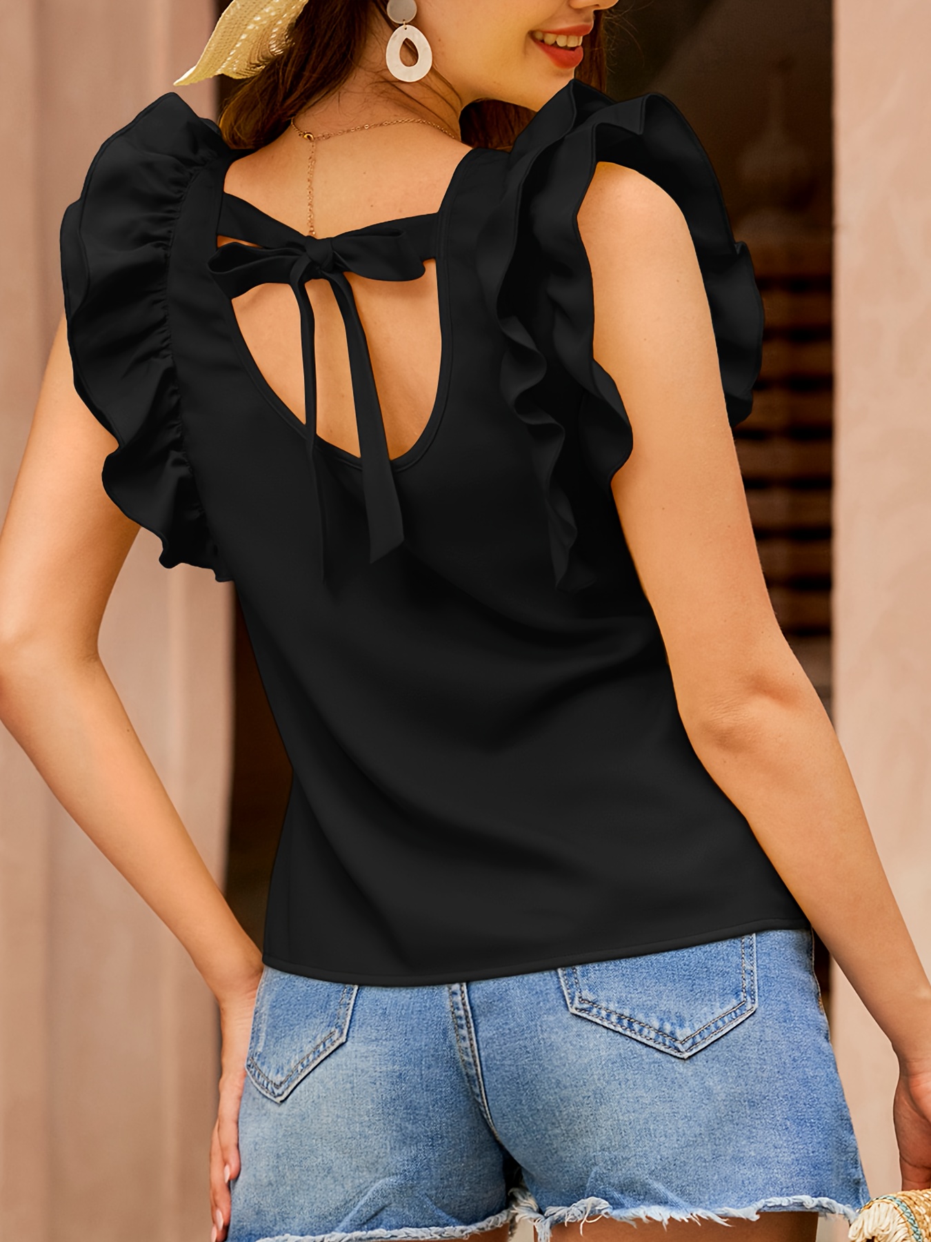 elegant mustard yellow ruffle trim blouse crew neck Temu Canada