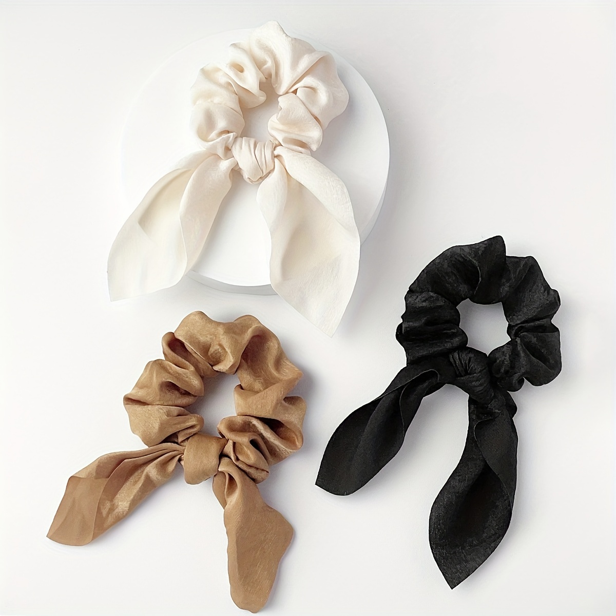 

3pcs Satin Bow Hair Scrunchies - Soft Silky Hair Ties With Ear Design, Cream, & Black, Retro Fashion Hair Accessories For Women, Bows For Hair