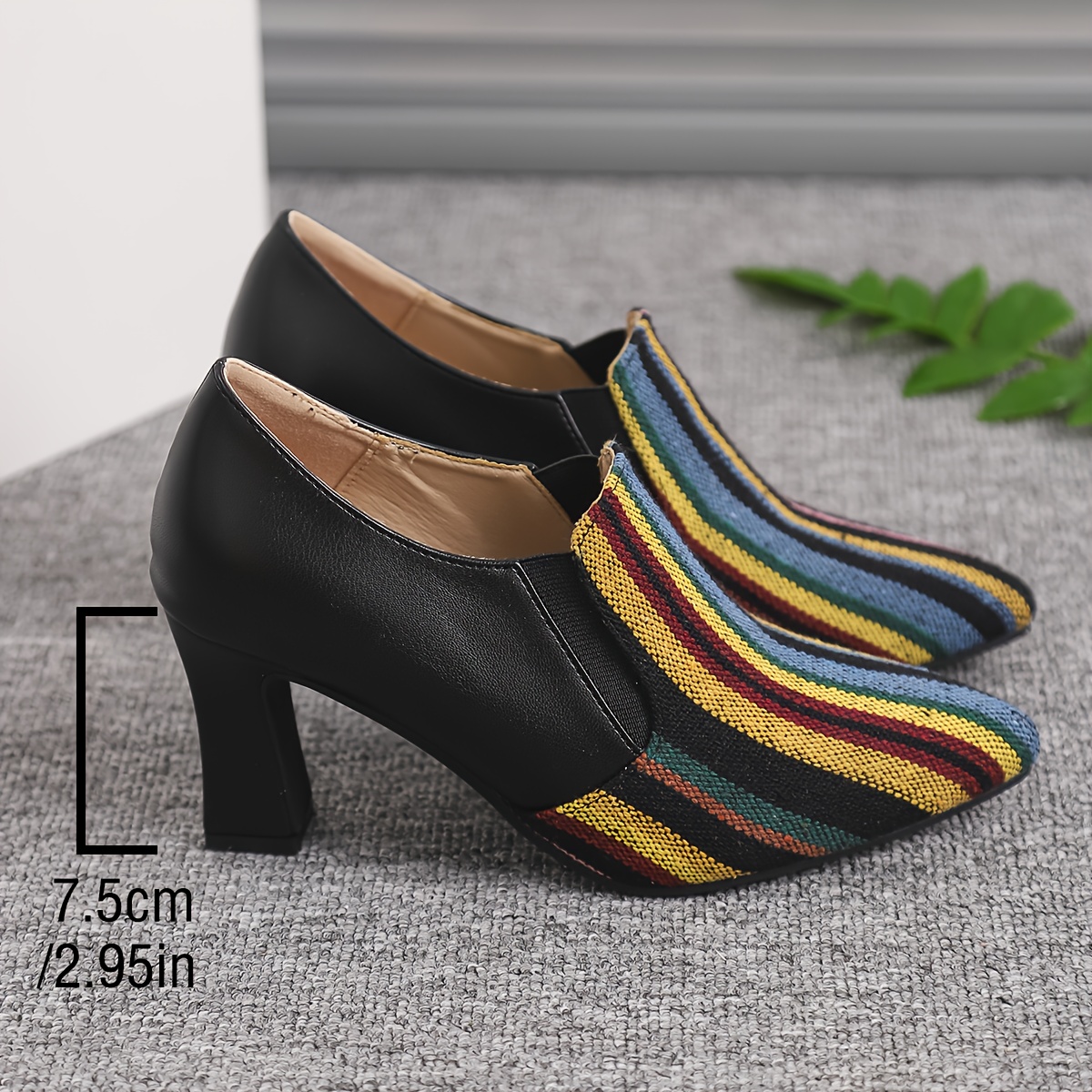 Women's Retro Chunky High Heel Mary Jane Shoes - Pointed Toe with Multicolor Striped (Rainbow/Black) Faux Cover Upper, Comfortable Block Heel & TPU Sole, All-Season Versatile Dress Shoes for Casual & Formal Events