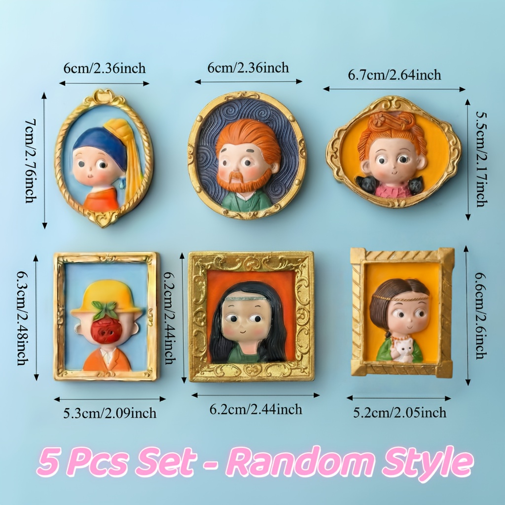 Image of 5pcs Resin Art Portrait Refrigerator Magnets, Decorative Refrigerator Magnet Set, Kawaii Kitchen Additions, Random Colors