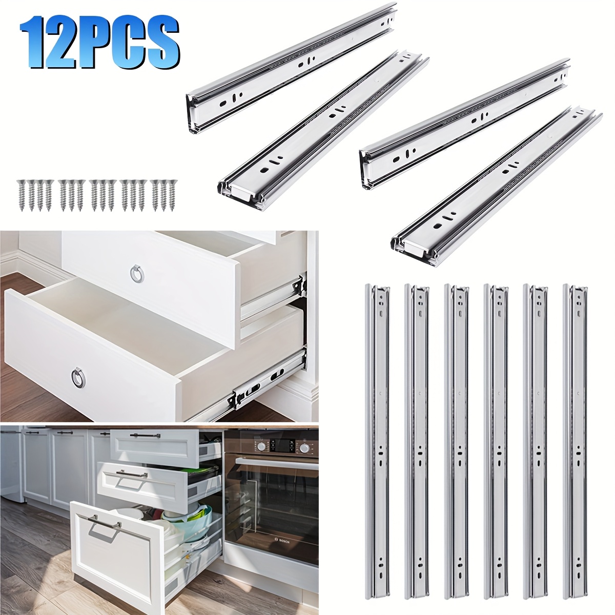 TEMU 12pcs 60cm Stainless Steel Side Mounted Metal Ball Bearing Full Extension Slide Rail, With Ball Bearing Powerful Load, Convenient Locking, Quiet