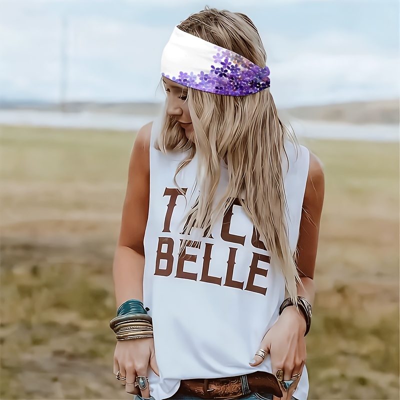 2D FLAT White Background with Purple Flower Gradient Sequin Pattern Headband, for Yoga / Gym / Running / Cycling, Travel / Outing / Beach, Wide-Brim / Fashion Hair Accessory / Sweat-Absorbent / Elastic / Knotted Design, Valentine's Day, 2D Flat