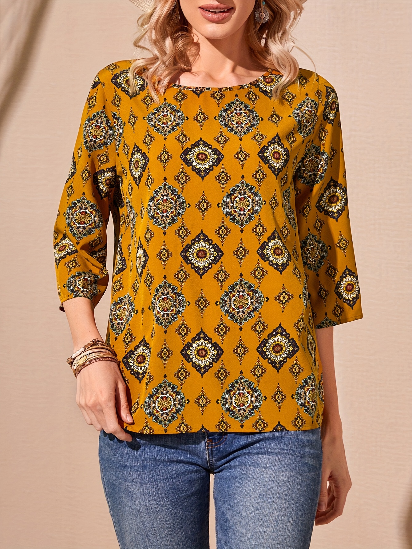blusa estampada vintage blusa étnica de 3/4 para Temu Brazil