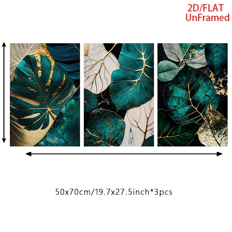 E-shop 2D-Flach, 3-teiliges Set, abstrakte Kunst mit grünem Blatt goldener , großformatiges ungerahmtes Leinwandposter, Wanddekoration für Wohnzimmer,