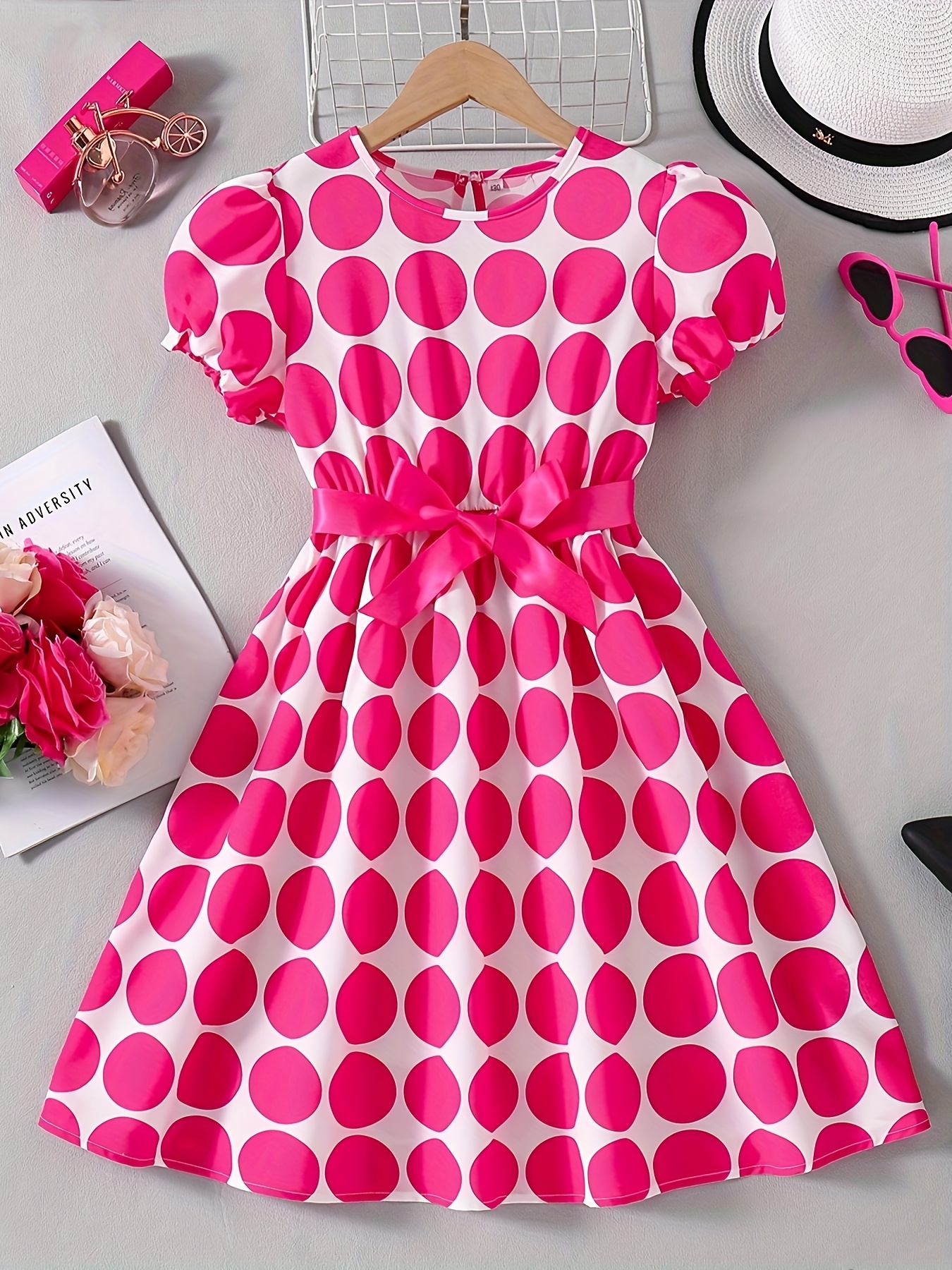 elegant pink polka dot dress girls casual summer dress Temu
