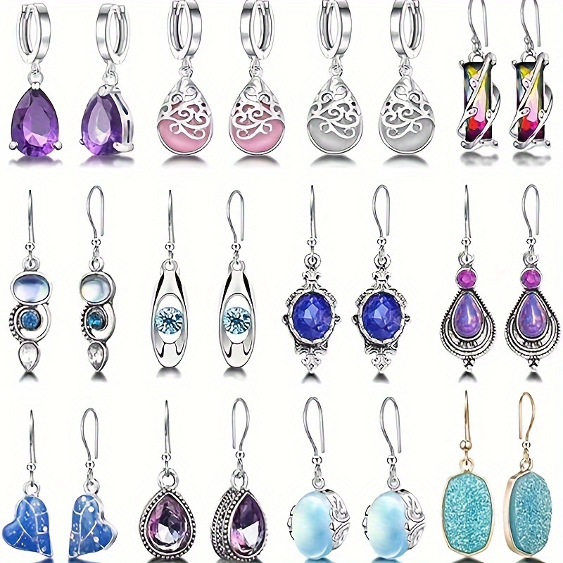 

12 Pairs Moonlight Cat's Eye Stone Earrings For Women, Blue Purple Silver Fashion Vintage Noblewoman Earrings, Teardrop Natural Floral Gradient Jewelry, Elegant Accessory Set Simple Pendant Jewelry