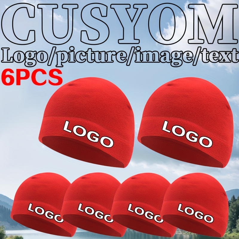 TEMU 6pcs Custom Logo/text Warm Hats - Personalized Printing, Lightweight Breathable Caps Suitable For , Black With White Logo, For Sports, Outdoor,