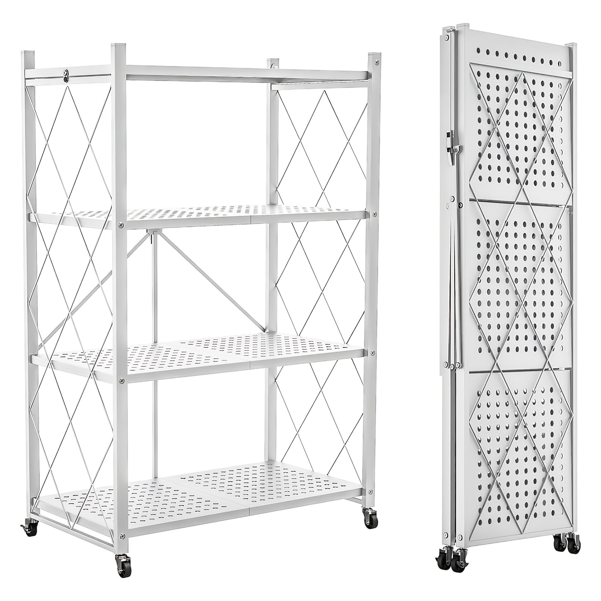 Foldable Storage Shelf With Wheels - Metal Rack Collapsible Shelving Unit Display, Rolling Cart For Books Kitchen Storage Shelves, Pantry & Closet Organizer, Office , Standing Shelf
