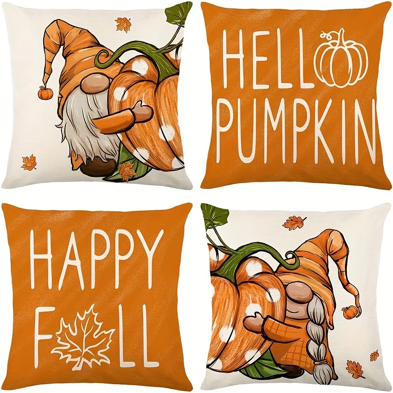 

Autumn Harvest 4-piece Pillow Cover Set - Festive Gnome & , Durable Polyester, Zip Closure, Machine Washable - Perfect For Thanksgiving & Halloween Home Decor, 18x18 Inches (inserts Not Included)