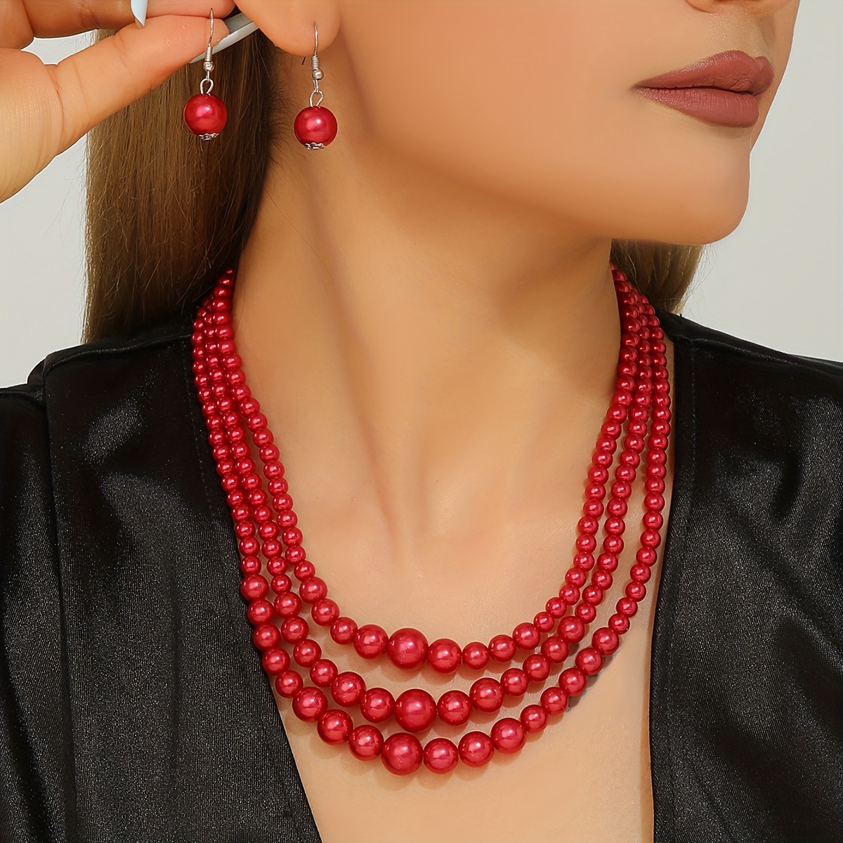 E-shop Mittlerer Vintage Handgefertigtes Mehrschichtiges Rotperlen-Halsketten- Ohrring-Set, Luxuriöser Eleganter Schmuck für