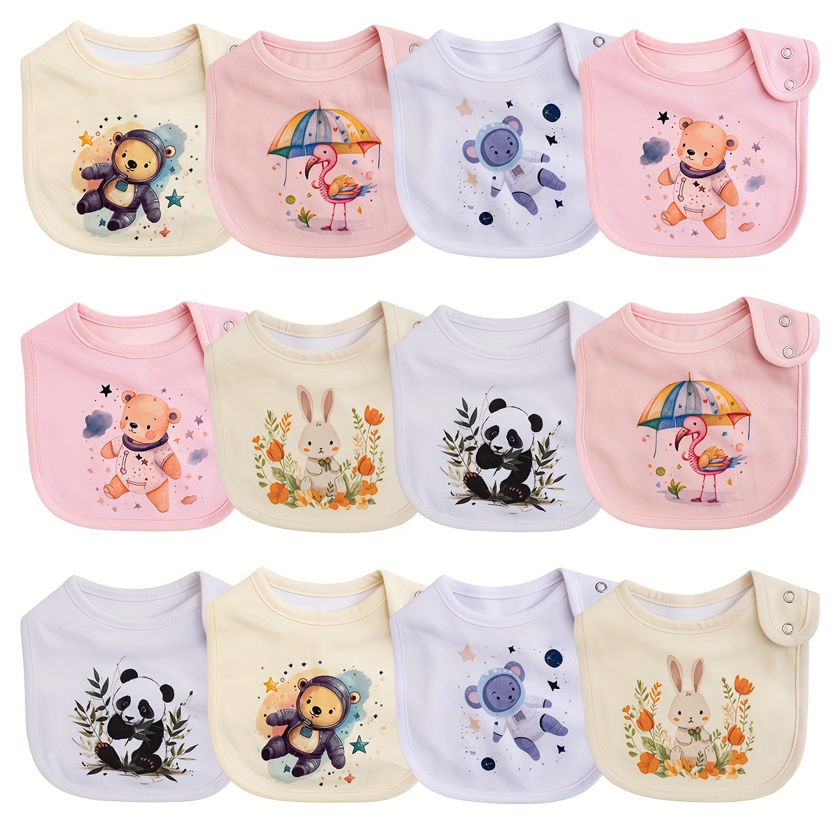 

12pcs Adjustable Waterproof Feeding Bibs For - Cute Cartoon Animal & Floral Print Designs, Snap Closure, Soft Polyester, All , Feeding Accessories