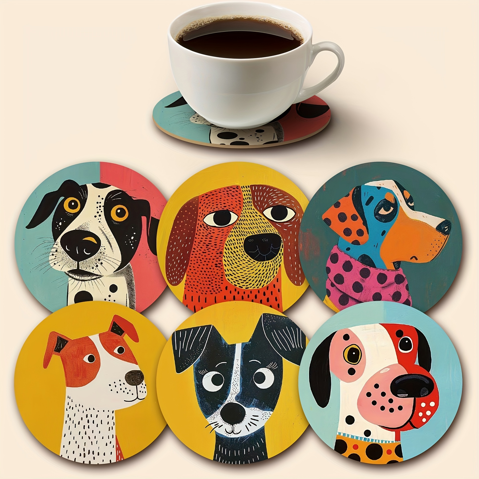 Image of 6pcs Dot Dog Wooden Coasters, 3.93 Inches, Heat Resistant, Design For Beverages, Tea, Coffee, Home And Restaurant Decorations, Ideal Gift, Hand Wash Only.