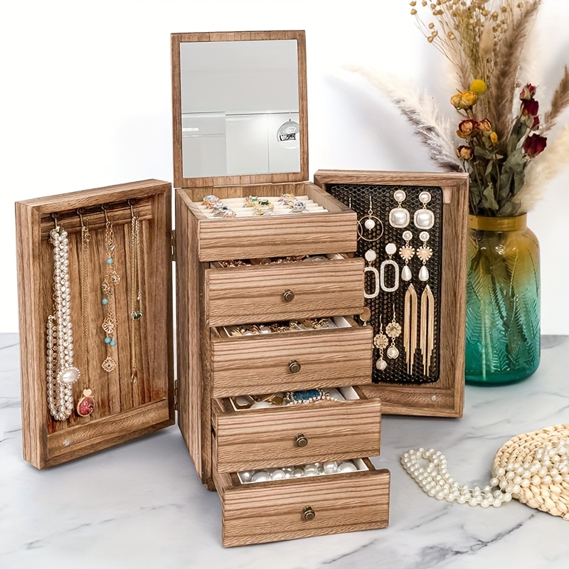 E-shop Vintage Schmuckkästchen aus Massivholz - Mehrschubladen-Kommode mit Transparenten Deckeln, Ring- & Armbandablage, für Schlafzimmer, Badezimmer,