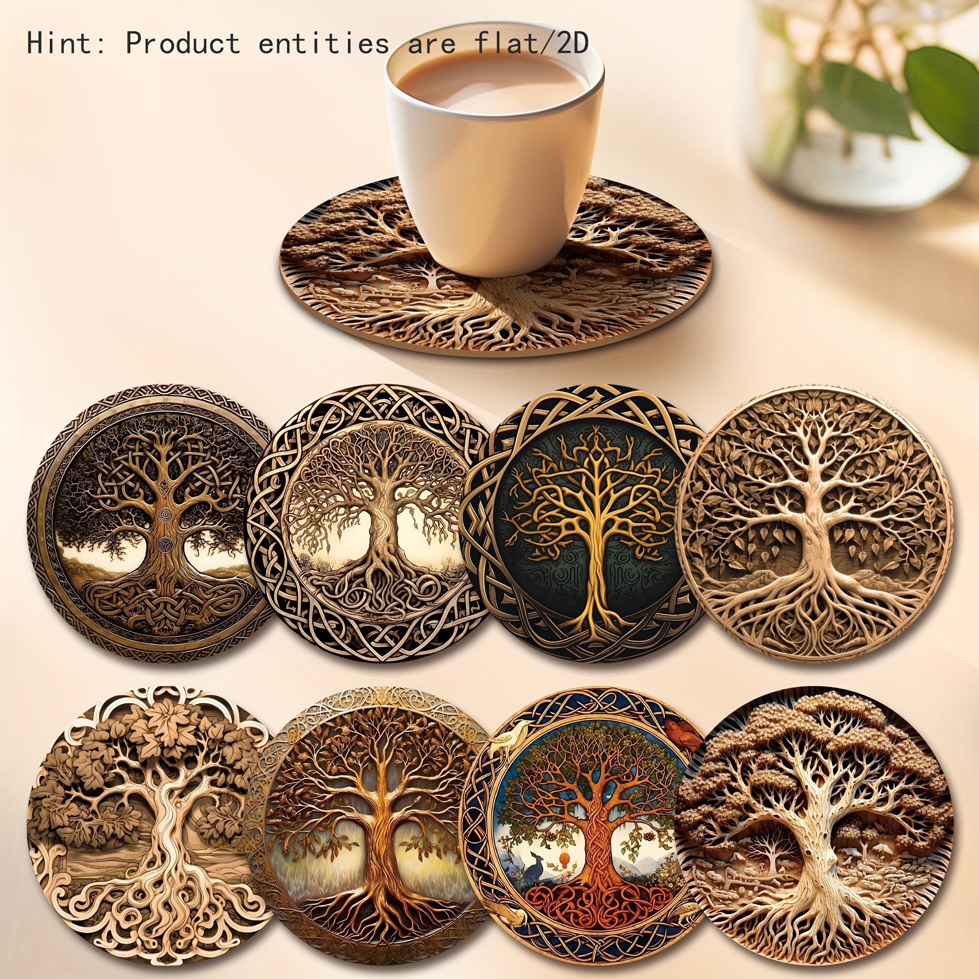 Image of 8pcs Tree Of Life, Flat 2d Picture Product, Coffee Cup Mat, Wooden Coaster, Essential For Holiday Family Gatherings, Suitable For Bars, Companies, Homes, Places Use 3.93in*3.93in