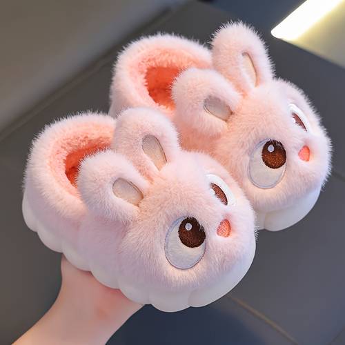 1 pair plush bunny slippers soft fabric with non slip pvc sole lightweight indoor house shoes for boys girls cute cartoon rabbit design warm winter footwear for toddlers kids slippers footwear soft fabric upper