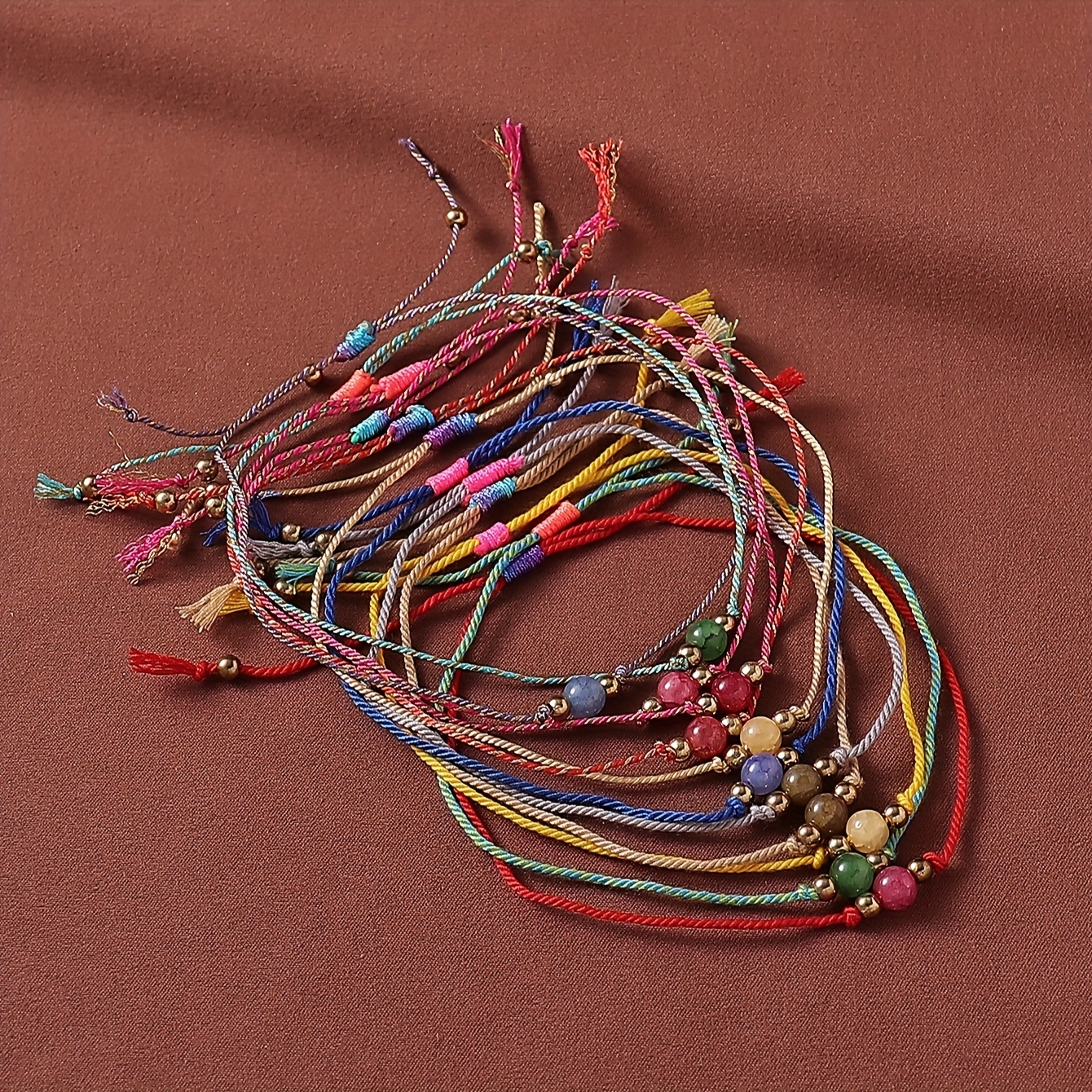 12pcs Boho Colorful Beaded Natural Stone Drawstring Bracelet Set