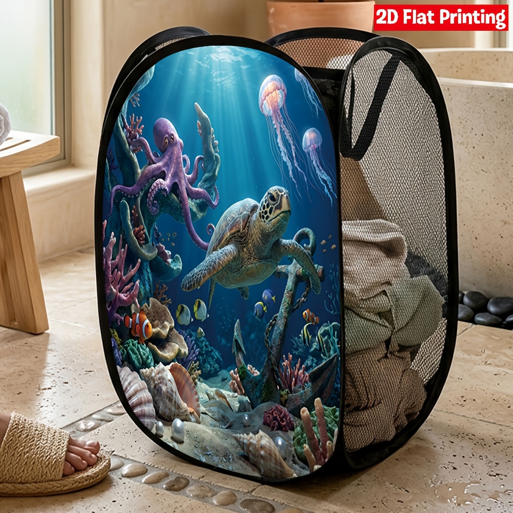 TEMU 1pc Sea Turtle Mesh Pop-up Laundry Hamper Easy Foldable Space Saving Storage For Bedroom Bathroom Travel Use