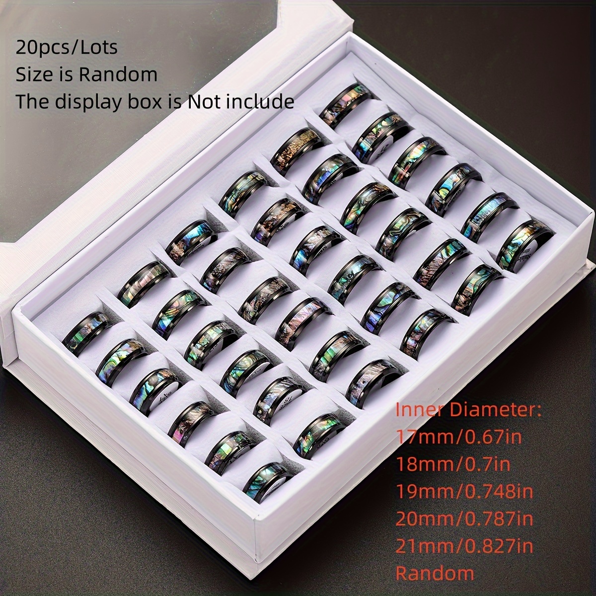 

20pcs Lot Fashionable Black Sparkling Natural Shell Stainless Steel Rings - Mix Style Wedding Party Finger Jewelry For Women Men - Random Size 17-21mm Box Is Not Include