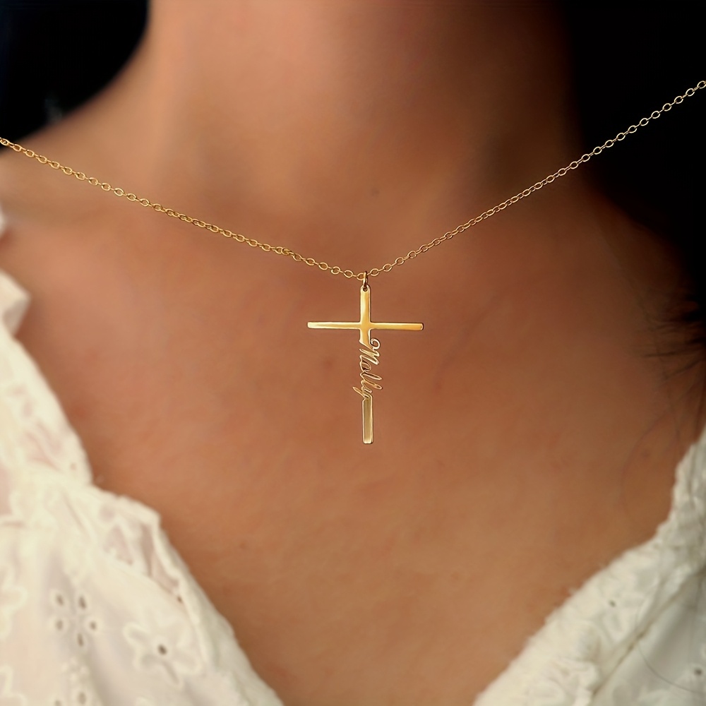 Women's Personalized 18K Gold Plated Cross Name Pendant Necklace