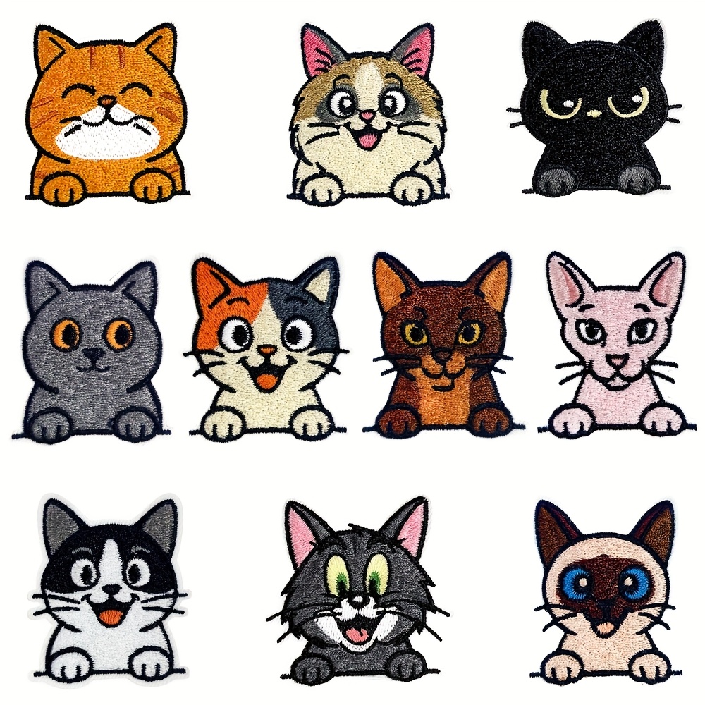 10pcs Cat Head Iron-on Embroidery Patch Clothing Phone Case, Backpack, Coin Purse Additions