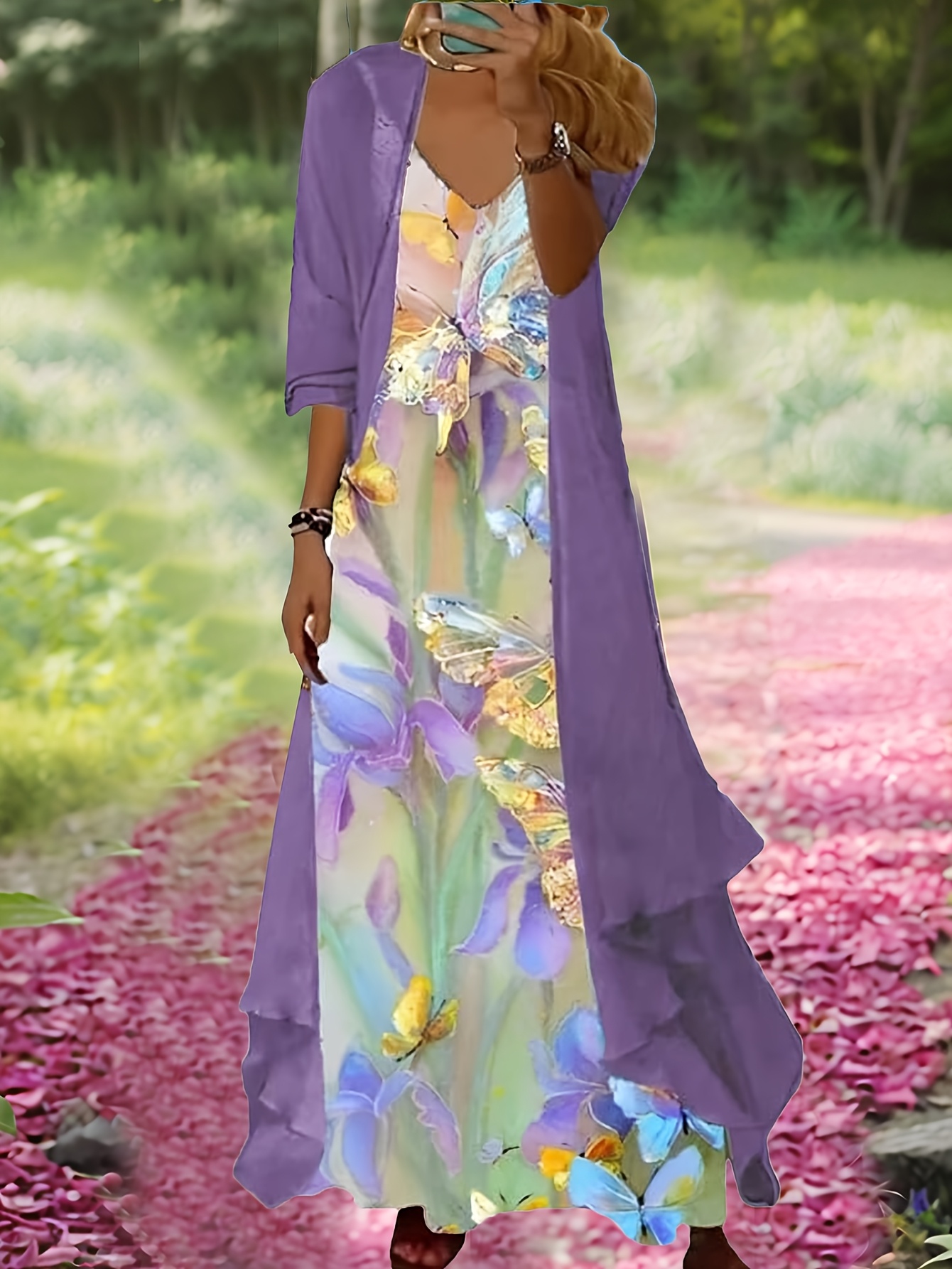 Women's Dress Set Two-Piece Dress with Floral Print and Suspenders - Main Image