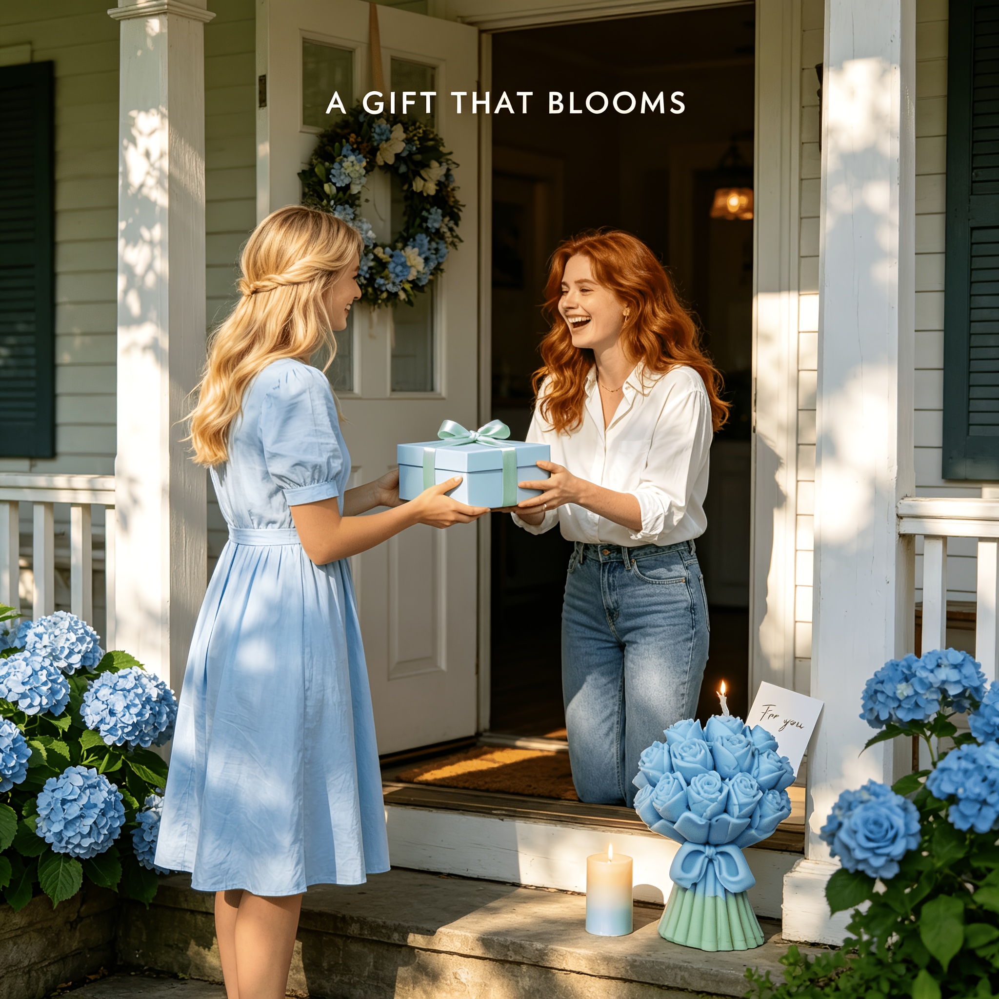 A Candle Shaped Like a Bouquet of Blue Roses, Scented with Bluebell, Featuring a Mint Green Base. This Hand-Poured Decorative Soy Wax Candle Is Perfect for a Bathroom Vanity, Shelf, Or As a Wedding Gift
