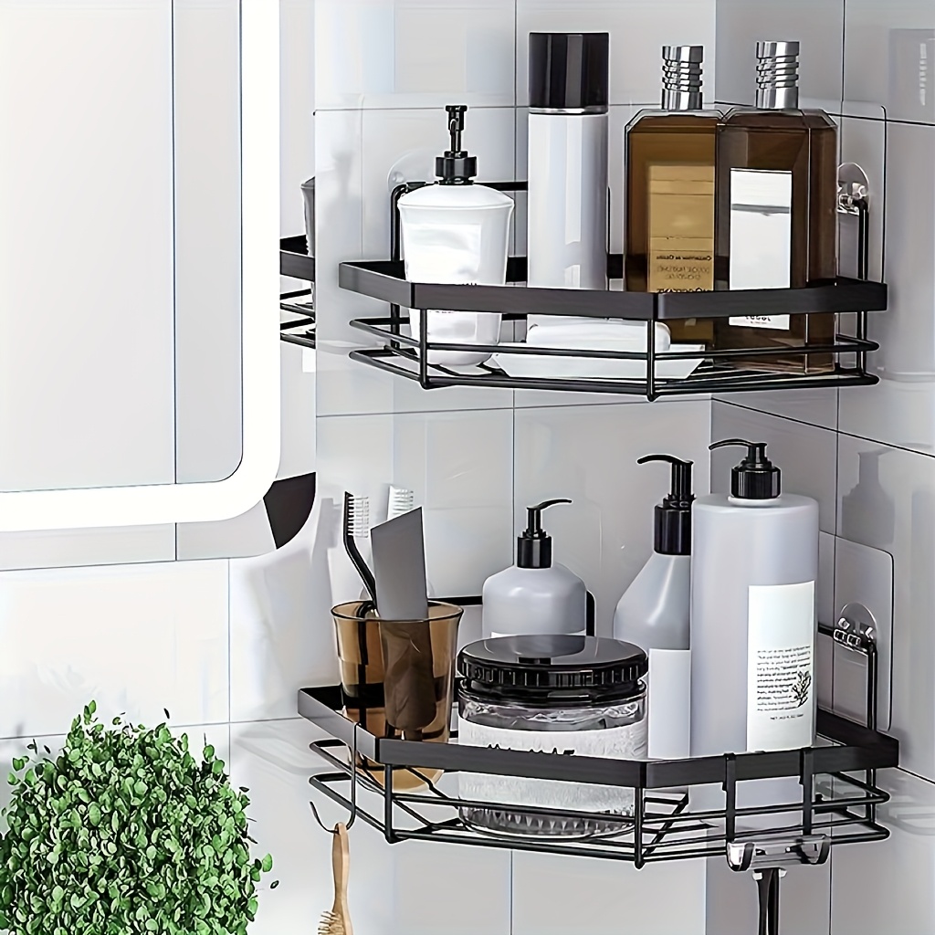 TEMU 2 Pack Corner Shower Caddy | Adhesive, Rustproof Stainless Steel Shower Shelves With 8 Hooks, No Drilling, Space-saving, Black - Jabukosu Brand,