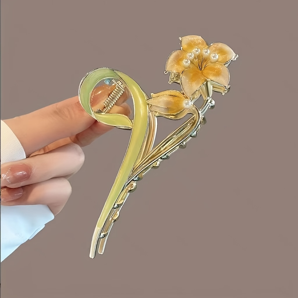 TEMU 1pc Pince à Cheveux Style Forêt de Printemps Précoce avec pour Femmes, Nouvelle Pince à Cheveux Métallique Printemps/Été, Grande Pince Requin