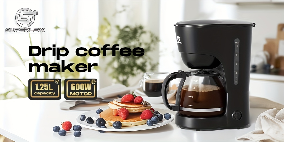 SUPERLEX 1.25L Drip Coffee Maker (10 Cups) 600W | Anti-Drip Auto Shut-Off | 40-Min Keep Warm (70°C or Higher) | Boil-Dry Protection | Dishwasher-Safe Glass Carafe