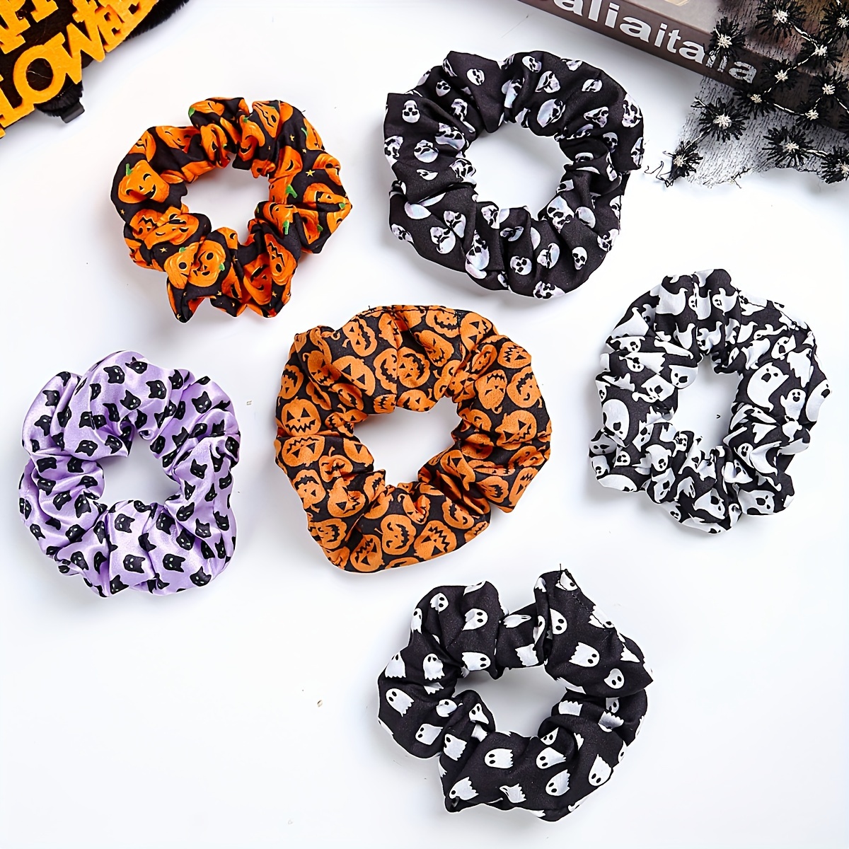 

Halloween Pumpkin & Smile Face Scrunchie - Vintage Punk Style Hair Tie For Women, Holiday Dress-up