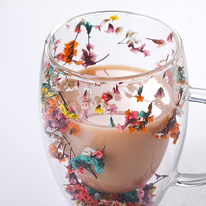 elegant 250 350ml double wall glass coffee mug with vibrant dry flowers bpa   wash only   hot cold beverages like juice milk coffee slip resistant ideal christmas gift coffee bar accessories details 2