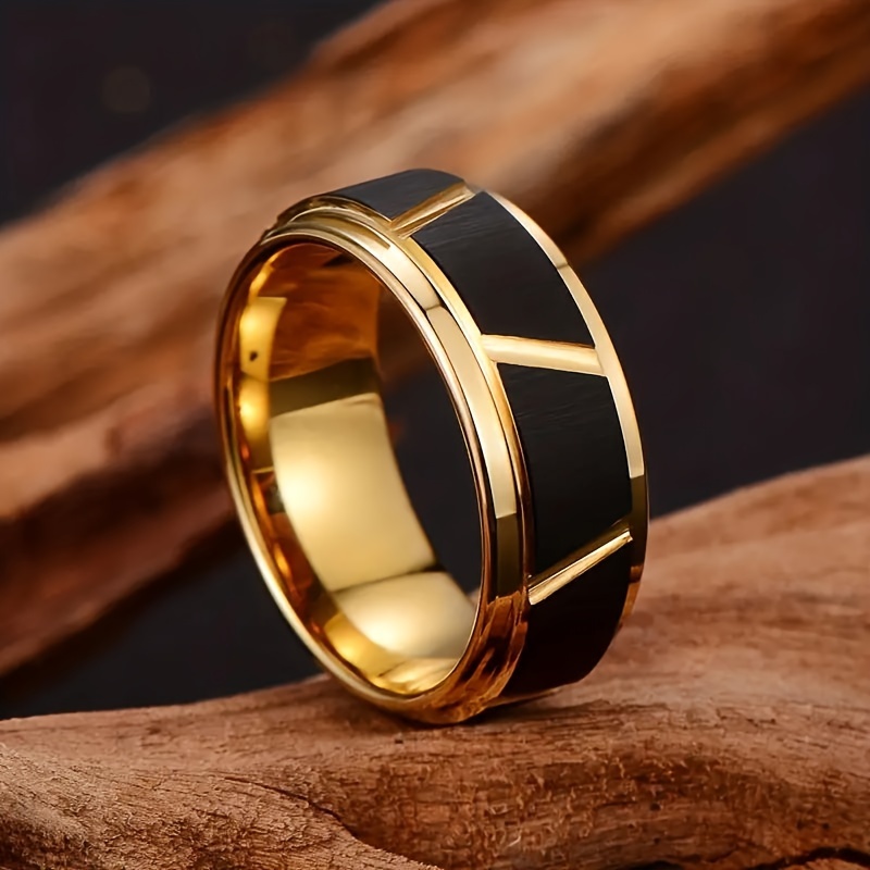 

1pc 8mm Tungsten Ring - Modern Unisex Golden Black Fashion Jewelry For Pinky Finger - Durable, Trendy, And Sophisticated Gift For Men And Women