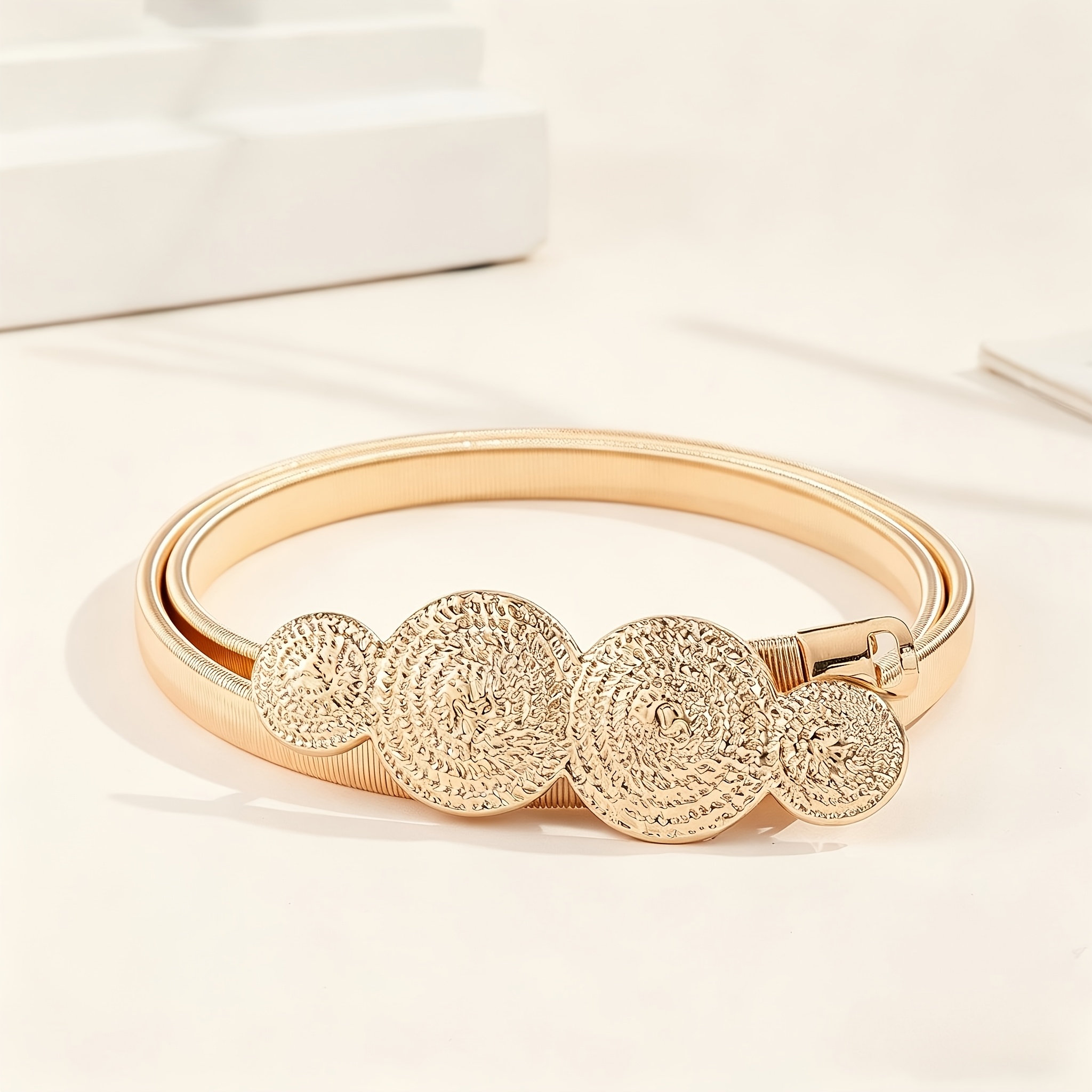 TEMU Cinturón de cintura vintage de disco de metal dorado para mujer - Cinturón decorativo elástico y ajustable de aleación para vestidos, faldas -