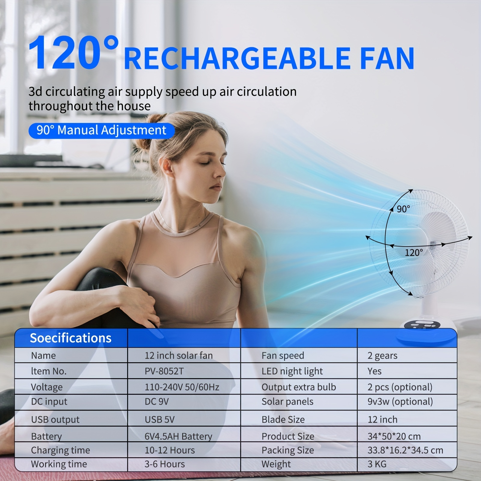 12 inch rechargeable fan ac solar fan left and right shaking head rechargeable fan with solar panel usb port led light and 2 free bulbs details 6