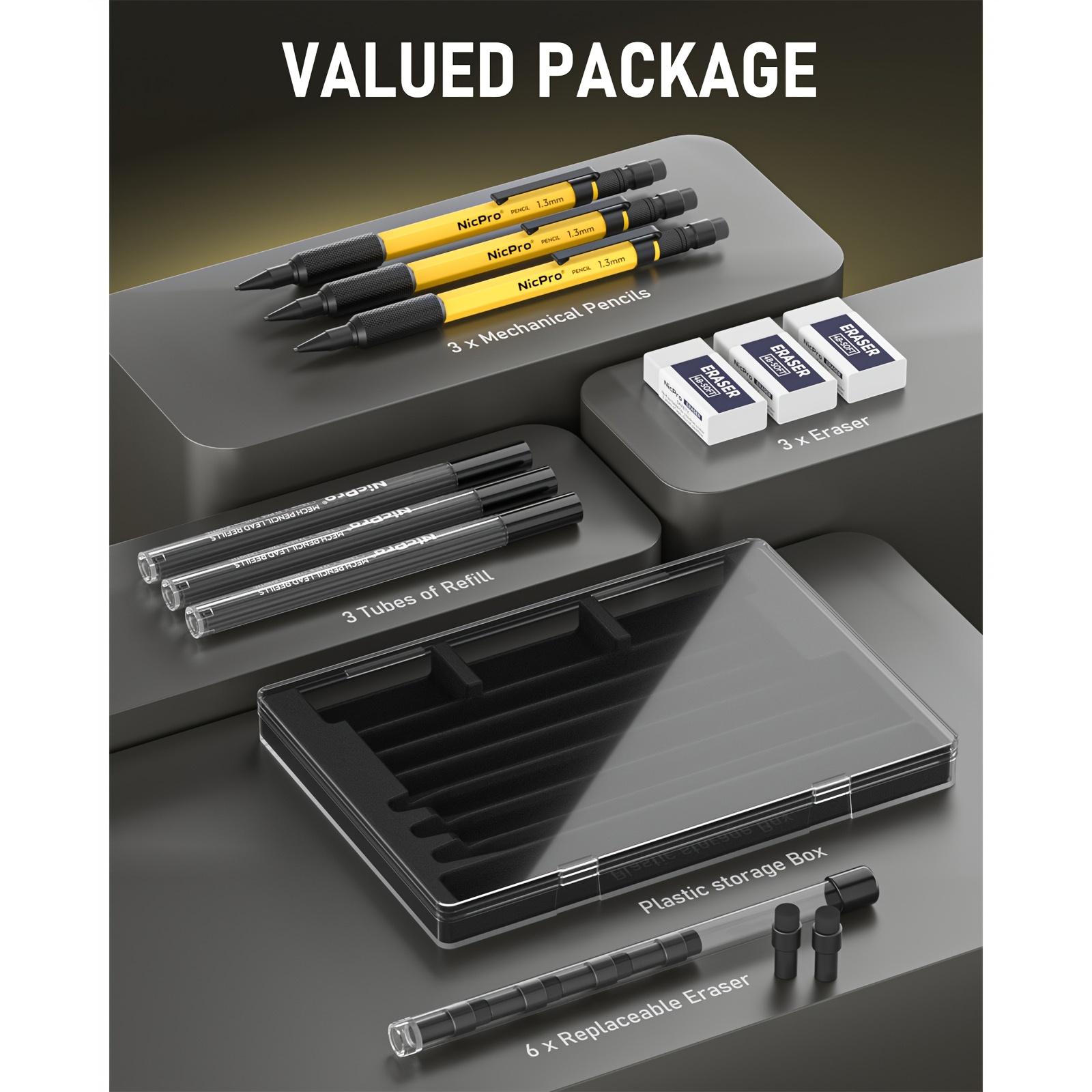 3pcs 1.3mm Mechanical Pencil Set with 36 Lead Refills