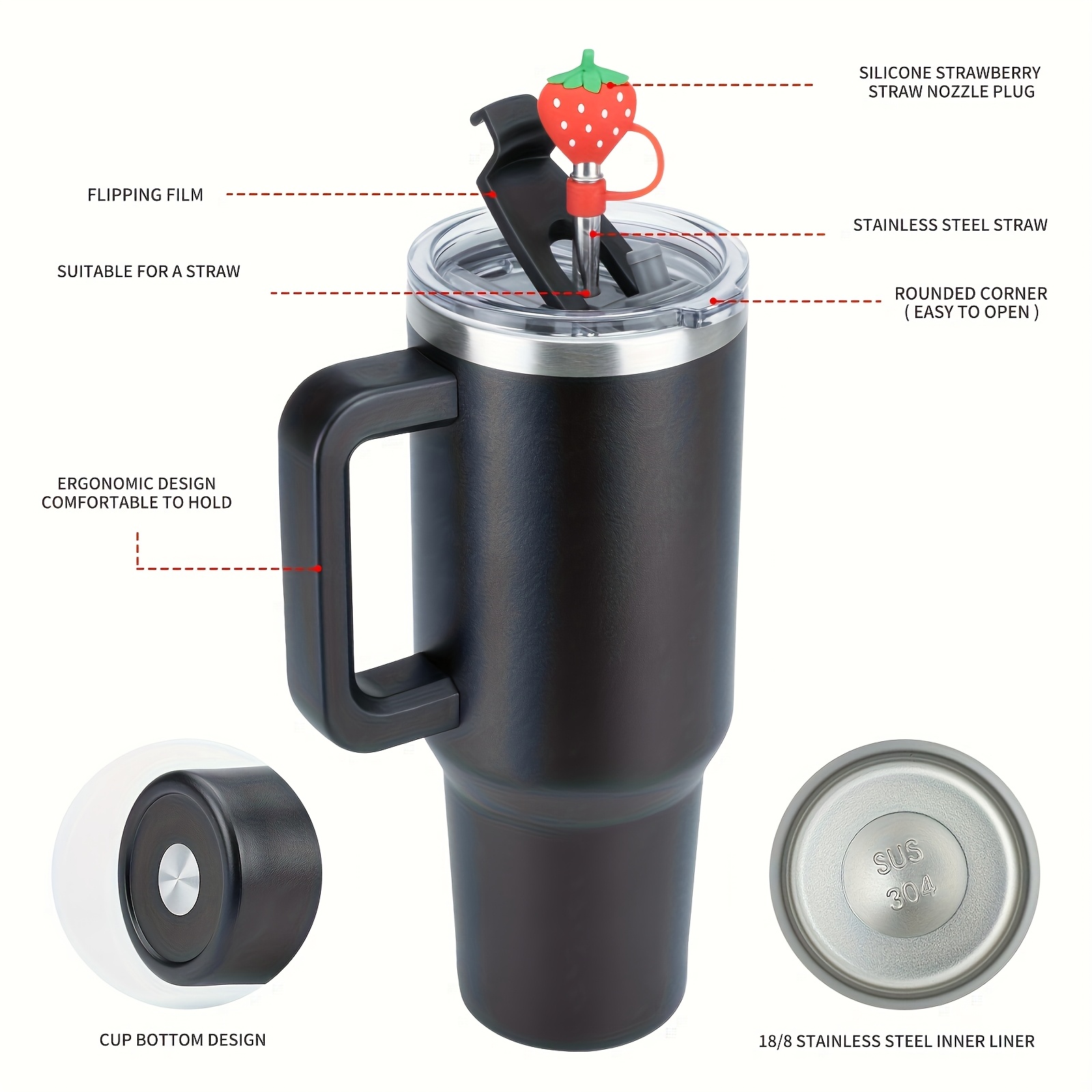 1 gobelet BIGRD de 40 oz avec poignée et paille, tasse de voyage entièrement étanche, en acier inoxydable avec isolation sous vide à double paroi pour le café, livré avec des accessoires comprenant un couvercle 2-en-1, une paille en acier, un nettoyant et un sac de transport