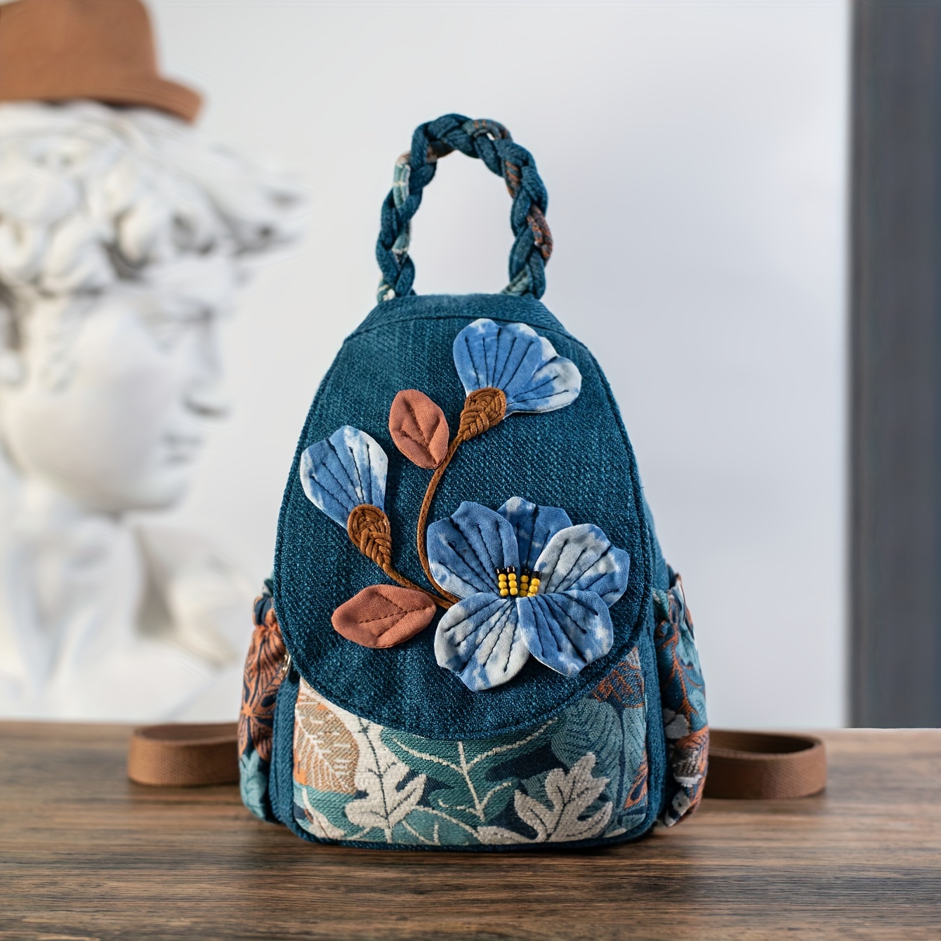 

1 Bohemian -dye Floral Backpack - , Multi-compartment Chest Bag With Braided Handles, Polyester, Zip Closure, Ideal For Vacation, Travel Bag