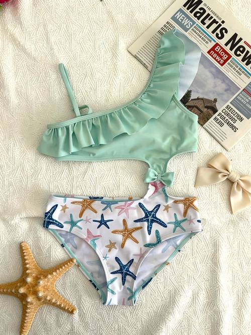 Girl's Lively Mint Green Starfish 1pc Swimsuit