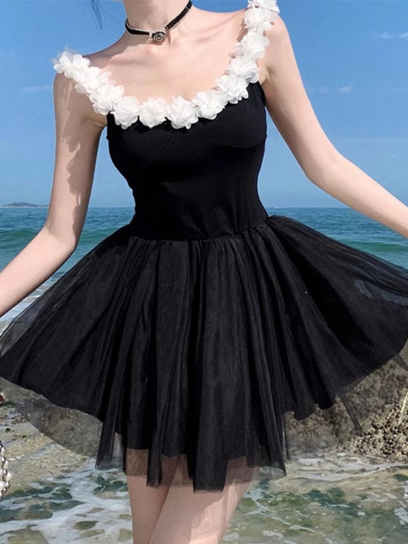 chic womens black tutu dress tie bow 3d floral shoulder - Temu