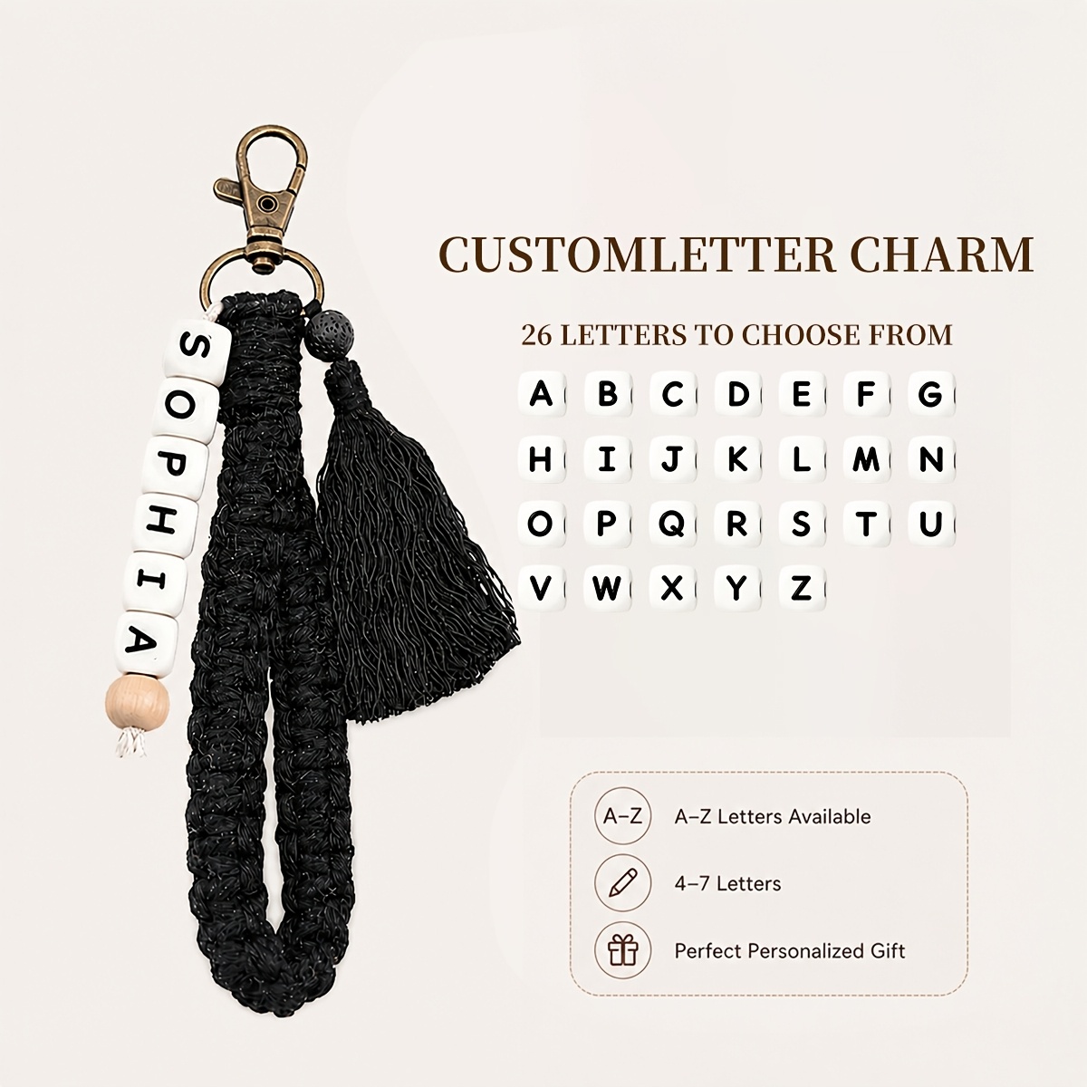 TEMU Personalized Alphabet Bead Woven Keychain, Tassel Bag Charm, Suitable For Women, Unique Gift