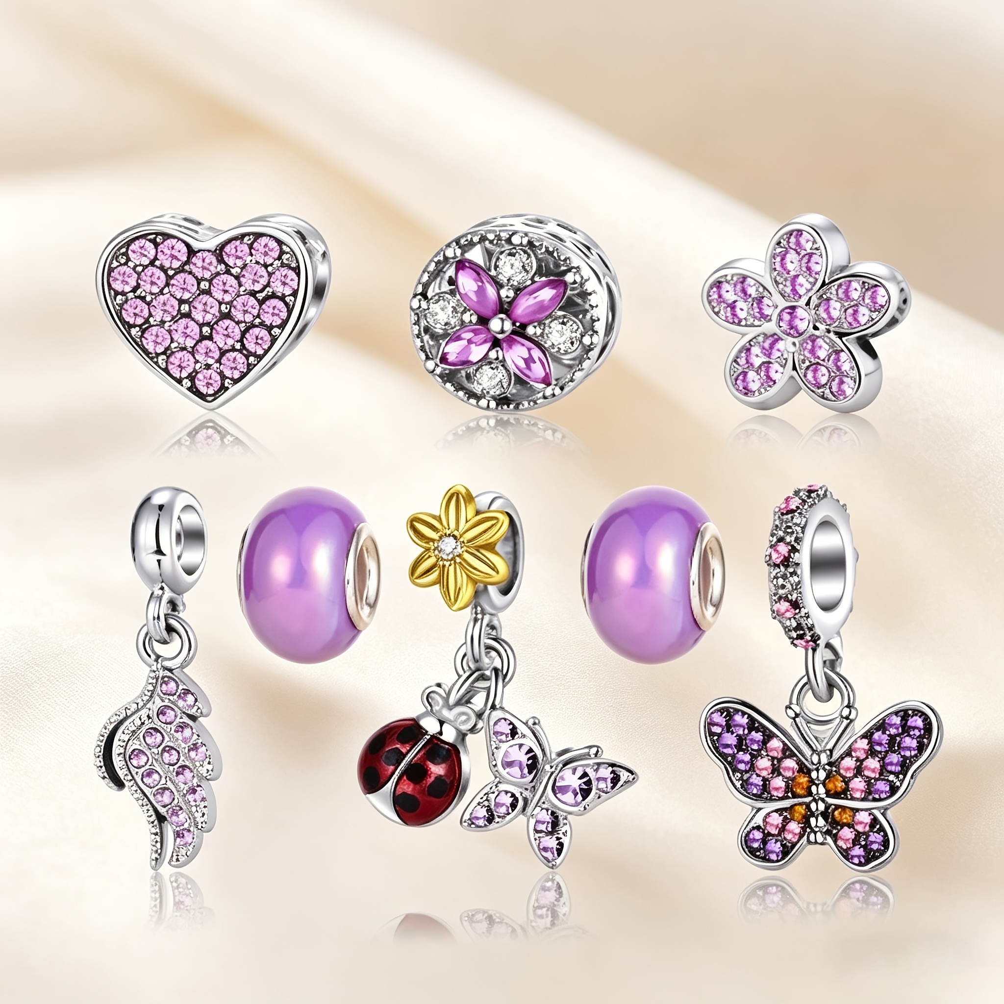 TEMU 8pcs Elegant And Fashionable Purple Diy Pendant, Inlaid With Purple Ladybug/heart Pendant Beads, Suitable For Accessories Such As Bracelets And