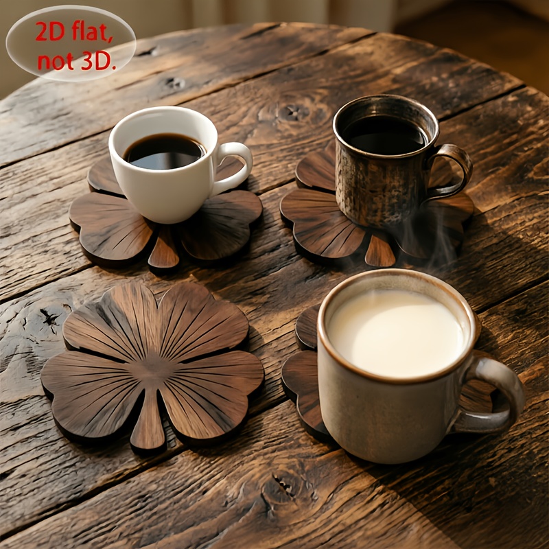 TEMU 6pcs Walnut Wood Coasters Suitable For Home, Office, Restaurants - Non-slip Clover Coaster Set With Walnut, Rustic Table Protectors For Coffee