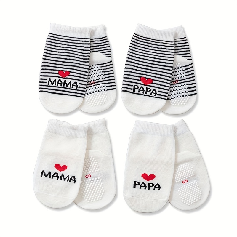 Image of 4-pair Baby Non-slip Socks With And Text Pattern, Striped Socks For Boys And Girls, Children's Floor Socks For
