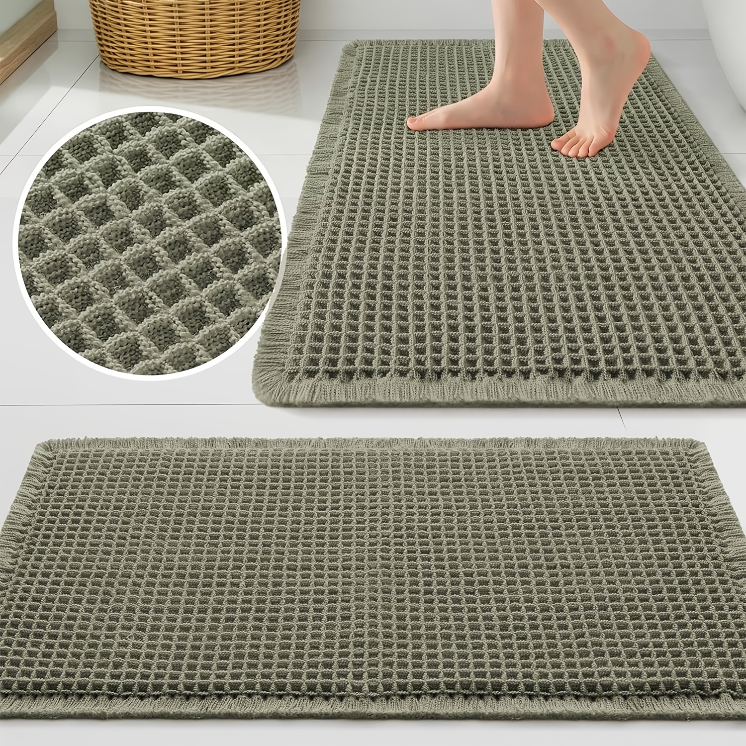 TEMU 2pcs Waffle Bath Mat Suitable For Boho Farmhouse Bathroom Decor, Non-slip Quick Dry Bath With Hot Melt Adhesive Backing, Super Absorbent Thick