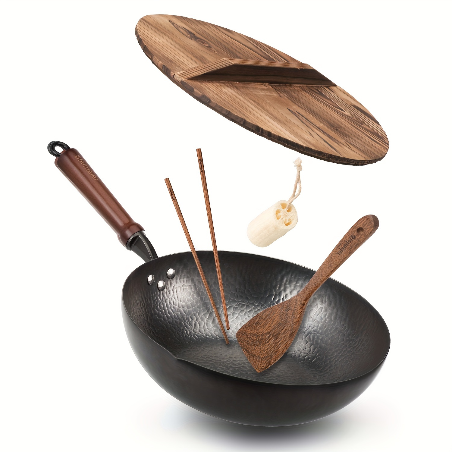 

Wok Pan 12.5", Woks And Stir Fry Pans With Lid, Carbon Steel Wok With Cookware Accessories, Wok With Lid Suits For All Stoves (flat Bottom Wok)