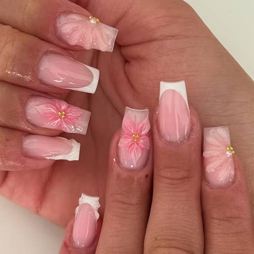 24 stück rechteckige 3d gel nagelsticker für perl-blumen nagelkunst, weiße französische acryl aufdrück-nagelpflaster, langanhaltender kleber falsche nagel set, enthält: 1 und 1 nagelfeile, einfach anzubringen, für sommer nagelkunst und französische maniküre